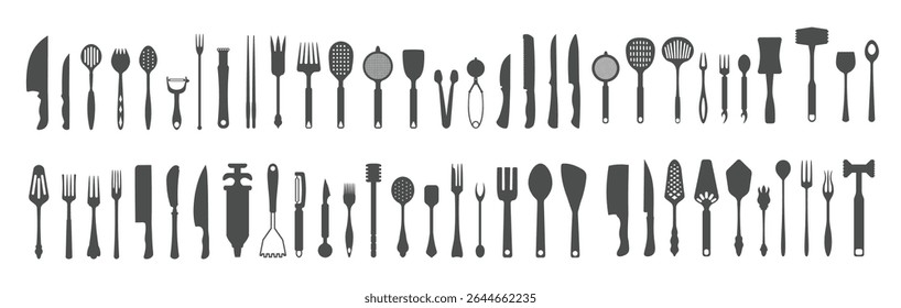 Grande coleção de talheres. Ilustrações monocromáticas de utensílios de cozinha. ilustração vetorial