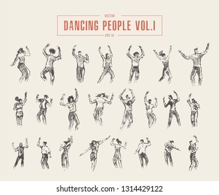 Big collection of dancing people. Hand drawn vector illustration, sketch