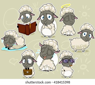 Big collection of dark sheep character with different emotions and pose. Happy sheep, sheep is shying, smart sheep, crying sheep, reading sheep, smoking sheep