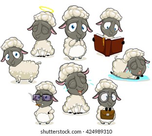 Big collection of dark sheep character with different emotions and poses isolated on the white background