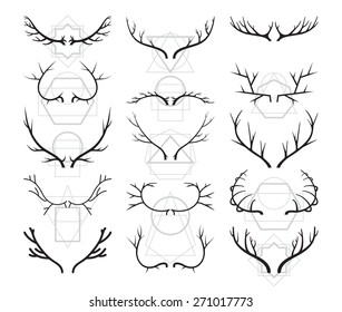 Big collection of deer antlers - vector. A set of different antlers large, thin, thick, abstract, real, branched and acute