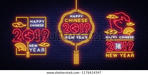 Big\
collection design card for Chinese New Year 2019 year of the pig in\
neon style. Zodiac sign for greetings card, flyers, invitation,\
posters. Chinese New Year Trendy Design, neon.\
Vector
