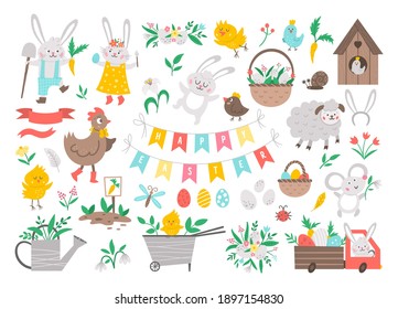 Big collection of design elements for Easter. Vector set with cute bunny, colored eggs, bird, chicks, baskets. Spring funny illustration. Adorable holiday icons collection
