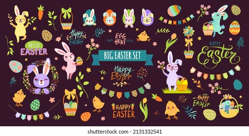 Gran colección de elementos de diseño para Pascua. Vector ambientado con un lindo conejo, huevos pintados, pájaro, pollos, canastos y letras de pascua. Ilustración divertida de primavera. Encantadora colección de iconos de vacaciones