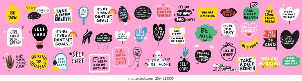 Big collection. Design elements on pink background. Best for stickers, social media. Vector graphic design. Motivational phrases. Self care words.