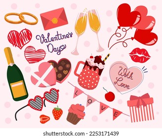 Big Collection Of Design Elements For Valentines Day Decoration Vector Illustration In Flat Style