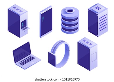 Big collection of IT devices and computing icons. Servers, databases, network devices. Vector isometric illustration isolated on white background