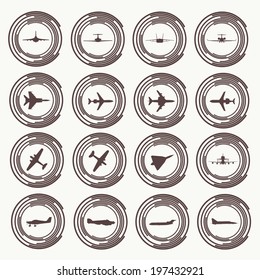 Big collection of different airplane icons. Vector. Illustration.