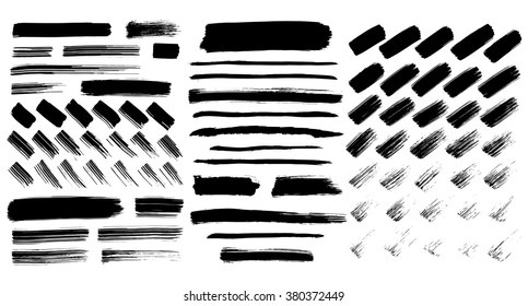 Big collection of different black grunge brush strokes isolated over white background. Set of design elements. Vector illustration.