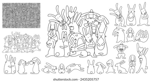 Big collection of different bunny poses with seamless pattern with hares. Hand drawn line art doodle vector illustration
