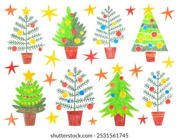 Big collection of different colorful Christmas trees and stars. Doodle drawing by hand with colored pencils. Cute children's drawings with crayon. New Year's design element.