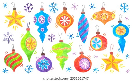 Big collection of different colorful Christmas tree toys, balls, stars and icicles. Doodle drawing by hand with colored pencils. Cute children's drawings with crayon. New Year's design element.