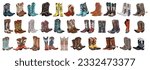 Big collection of different cowgirl boots. Traditional western cowboy boots bundle decorated with embroidered wild west ornament. Realistic vector art illustrations isolated on white background