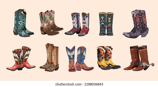 Big collection of different cowgirl boots. Traditional western cowboy boots decorated with embroidered wild west ornament. Realistic vector art illustrations isolated.