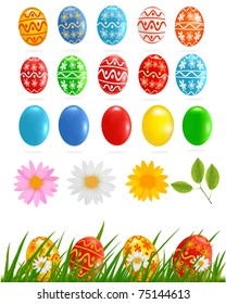 Big collection of different Easter eggs, tree, flowers. vector illustration.