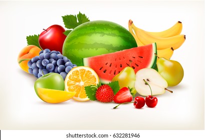 Big collection of different fresh fruit. Vector.