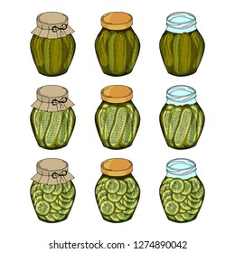 Big collection of different glass jars with home made cucumbers. Hand drawn objects isolated. Vector illustration.