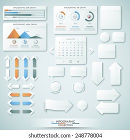 Big collection of different infographic elements, graphs, arrows, calendar and paper sheets. Vector. Can be used for web design, workflow layout, social media, entertainment and games.