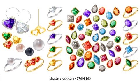 Big collection of different jewels on white