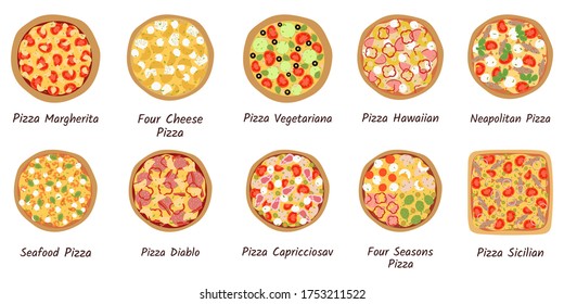 Big Collection Of Different Pizza Top View With Ingredients. Italian Tasty Pizza: Vegetarian, Seafood, Cheese, Mushroom, Hawaiian And Meat Topping In Flat Style On White Background.