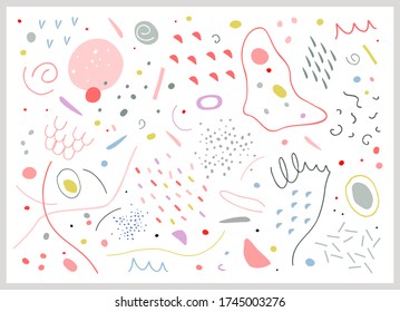 Big collection of different shapes and scribble elements, lines and dots. Illustration painted in pastel shades. Can be used for prints, textile, decoration, graphic design etc.