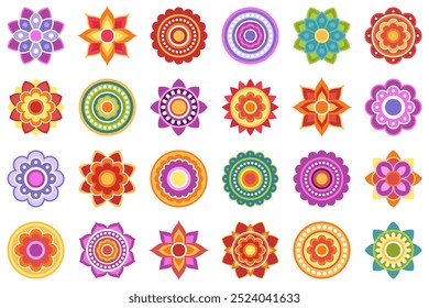 Big collection of different symmetrical mandalas on white background. Ethnic mandala, oriental pattern. Relaxation, meditation. Indian or Arabic mandala. Diwali festival.