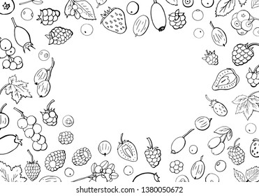 Big collection of different types of berries with space for text. Set of summer berries black and white.