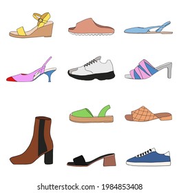 Big collection with different types of modern trendy women shoes on white background. Fashionable and stylish shoes concept. Colored flat vector illustration 