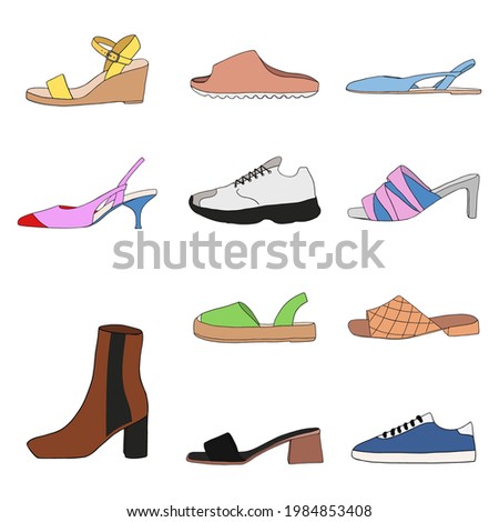 Big collection with different types of modern trendy women shoes on white background. Fashionable and stylish shoes concept. Colored flat vector illustration 