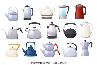 Big collection of different types teapots electric coffee ceramic and metal kettles vector illustration on white background