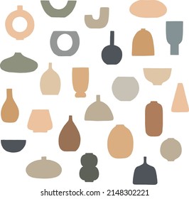 Big collection of different vases. Set of hand drawn stylized boho ceramic flower vases, earthenware jugs in trendy minimalist style. Design elements for poster, wall art print. Vector illustration.