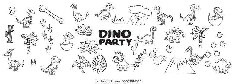 Big collection of dinosaurs in doodle style. Hand drawn vector art.