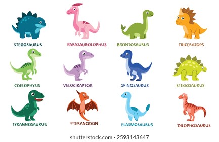 Big collection of dinosaurs in flat style. Hand drawn vector art.