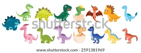 Big collection of dinosaurs in flat style. Hand drawn vector art.