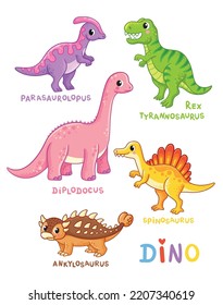 Big collection of dinosaurs on white background. Vector set with dinosaurs in cartoon style.