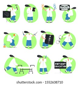 Big collection of doctor's hand drawn color illustration. Women in special clothes modern characters. Working doctors in medical enviroinment. Medical concept