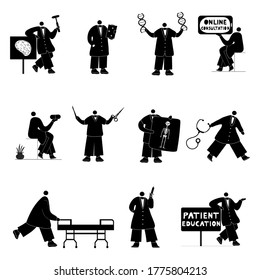 Big collection of doctor's hand drawn silhouette. Women in special clothes modern characters. Working doctors in medical enviroinment. Medical concept