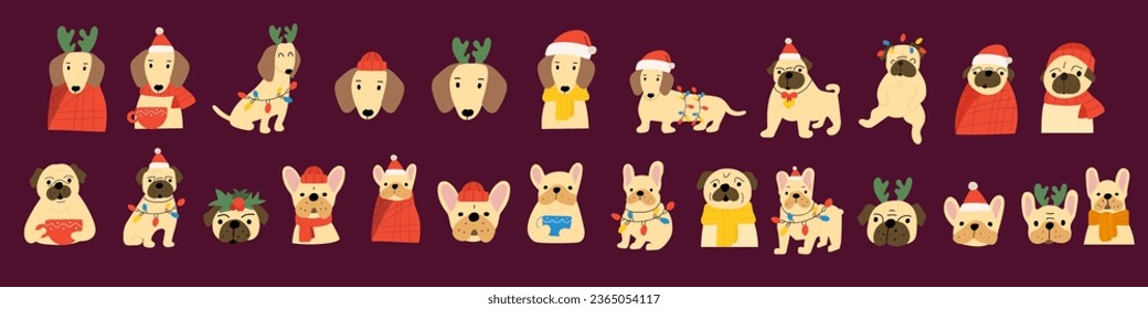 Big collection of dogs for Christmas concept. Pug, French bulldog, dachshund. Hand drawn vector illustrations on dark background. 