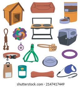 Big collection with dogs food, goods, houses and supplies. Pets feeding, furniture, toys. Puppies accessories, stuff. Training post. Flat vector illustration isolated on white background