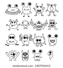 Big collection of doodle monsters. Hand drawn, funny, cute, scary monsters. Big set monsters. Vector illustration.