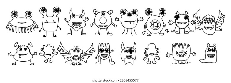 Big collection of doodle monsters. Hand drawn art abstract big set with cute, funny, scary, monsters. Vector illustration