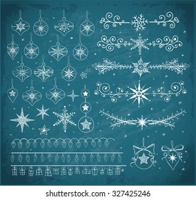 Big collection of doodle sketch Christmas decorations. Garlands, Christmas balls, dividers etc