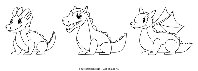 Big collection of dragons in doodle style. Outline dragon isolated on white background. Collection of dragon set icons. Vector illustration.