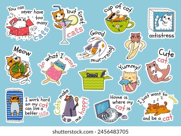 Big collection of Drawing vector illustration character design collection stickers funny cats Doodle cartoon style isolated on background