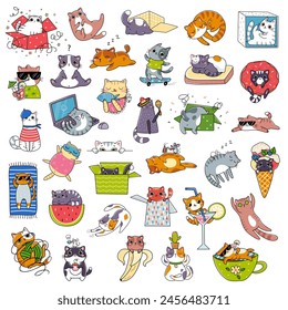 Big collection of Drawing vector illustration character design collection stickers with funny cats Doodle cartoon style isolated on white background