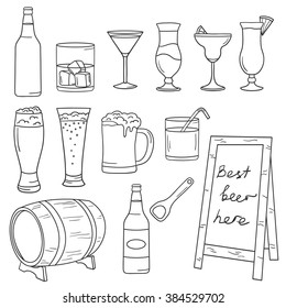 Big collection of drinks, hand drawn icons. Black and white objects, background vector