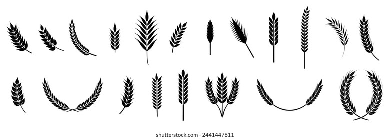 Big collection of ear wheat silhouettes. Hand drawn vector art.