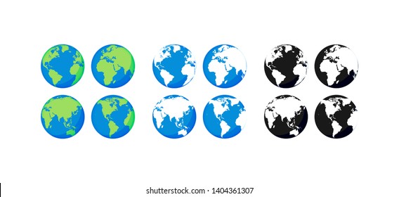 Big collection Earth globes. Black and Color Globes. Globe and Earth icon set. World map. Planet. Vector illustration