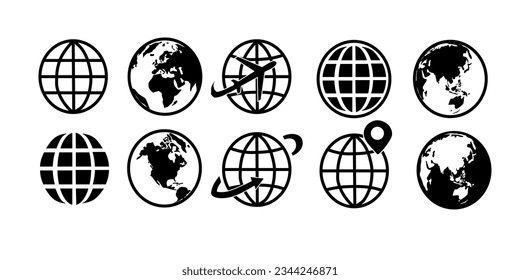 Gran colección de globos terrestres. Globos de color y negro. Juego de iconos Globe y Earth. Mapa mundial. Planeta. Ilustración del vector