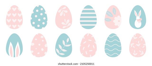 Big collection of easter eggs in pastel colors. Flat vector illustration